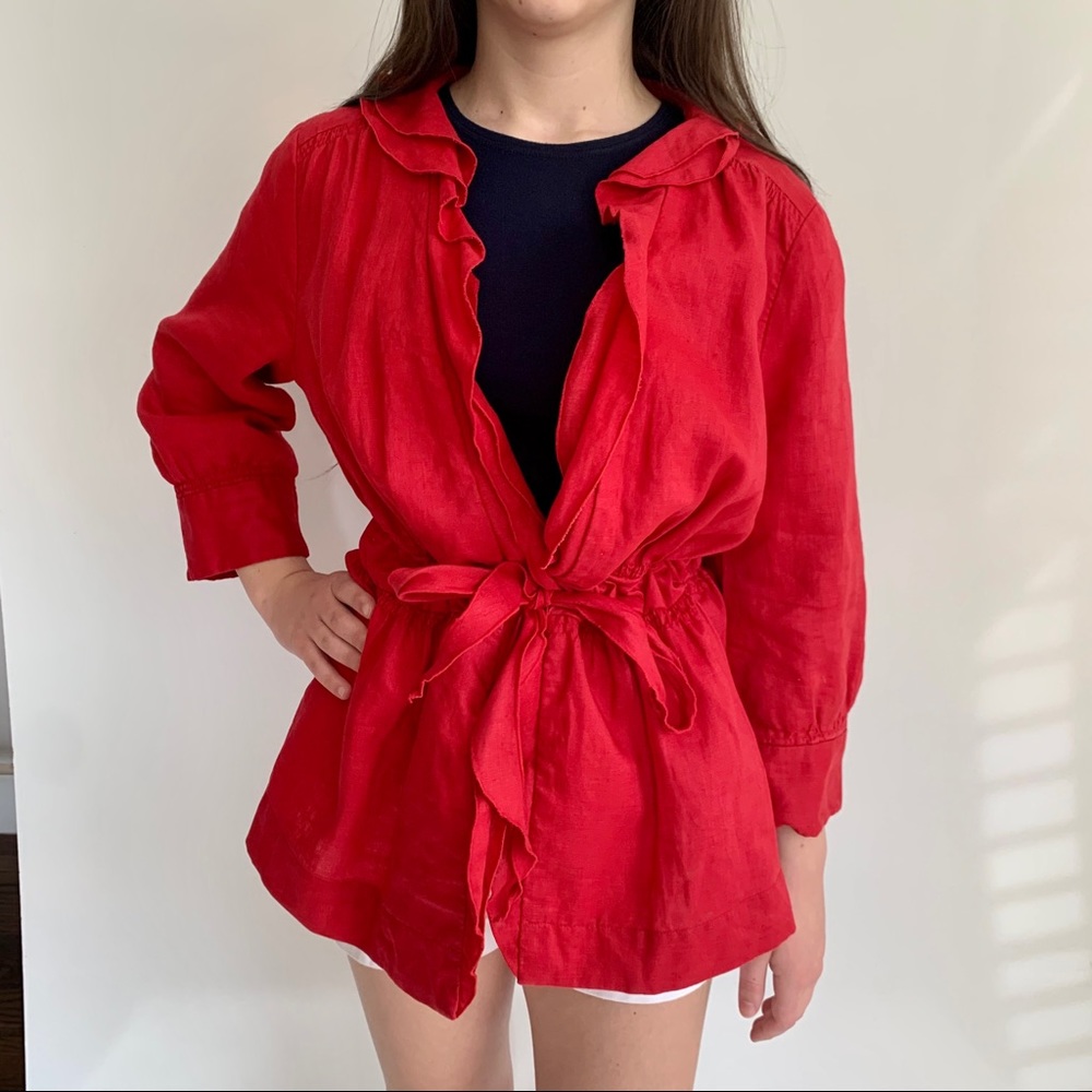 Zara Red Flax Tie Jacket w/Ruffles L